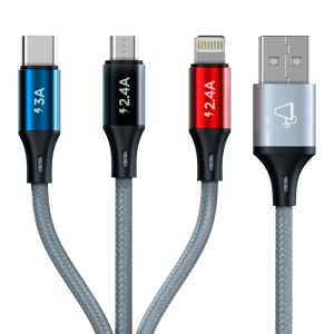 Cabo 3 em 1 USB-A para USB-C, Micro USB e Lightning – 1,2 metros